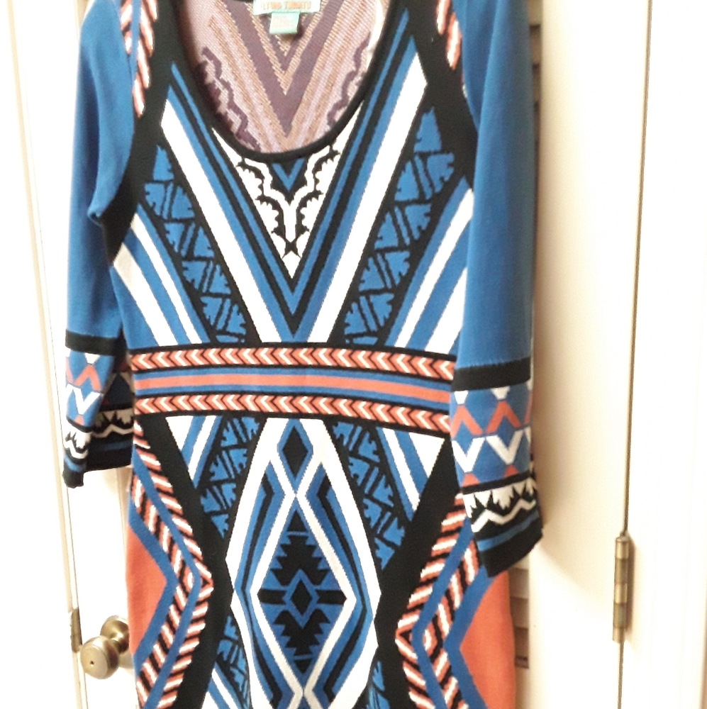 Flying Tomato Blue BohoTribal Sweater Dress L